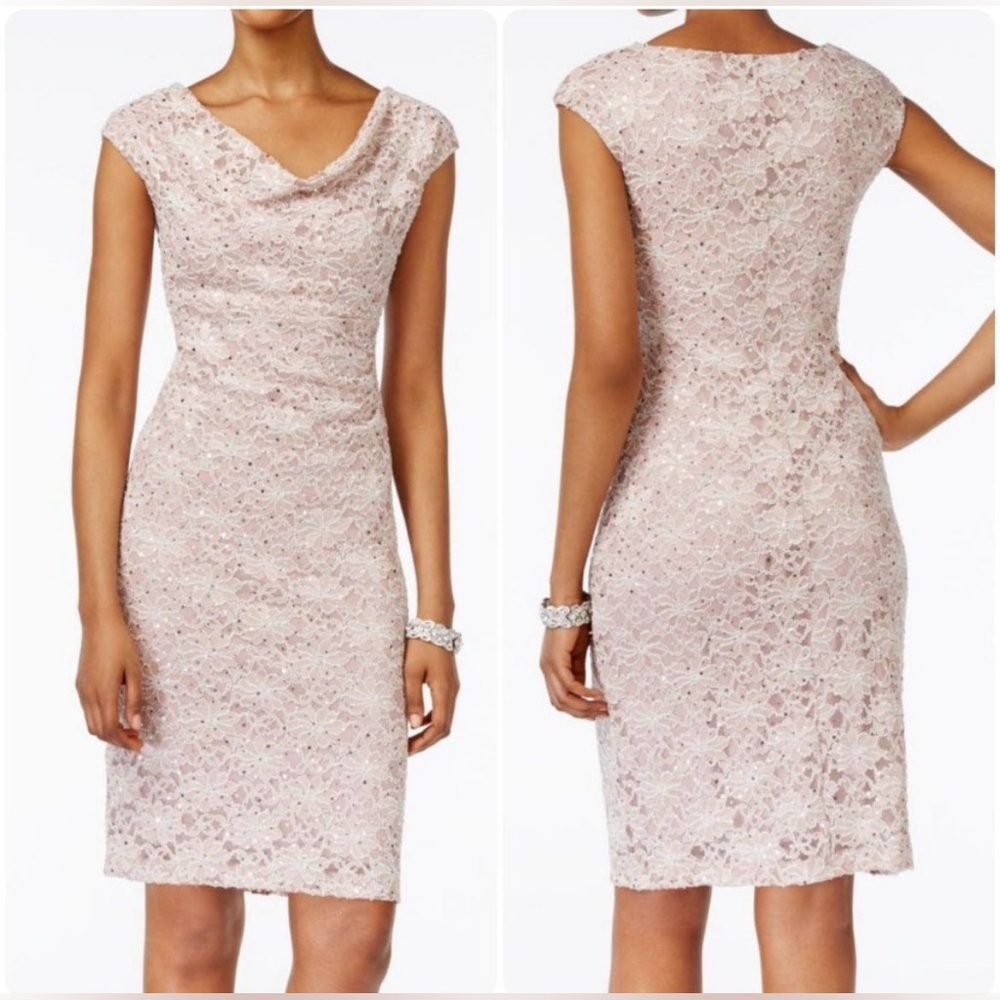 Connected Apparel Cowl-Neck Sequined Lace Sheath Dress 10P